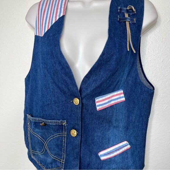 Vintage Handmade Blue Denim Western Two Button Vest Stripe Contrast Women Medium - Picture 4 of 12